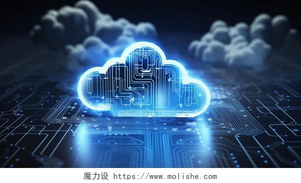 云朵形状蓝色发光纹路大气感科技芯片工业商业电子行业C4D大数据芯片图
